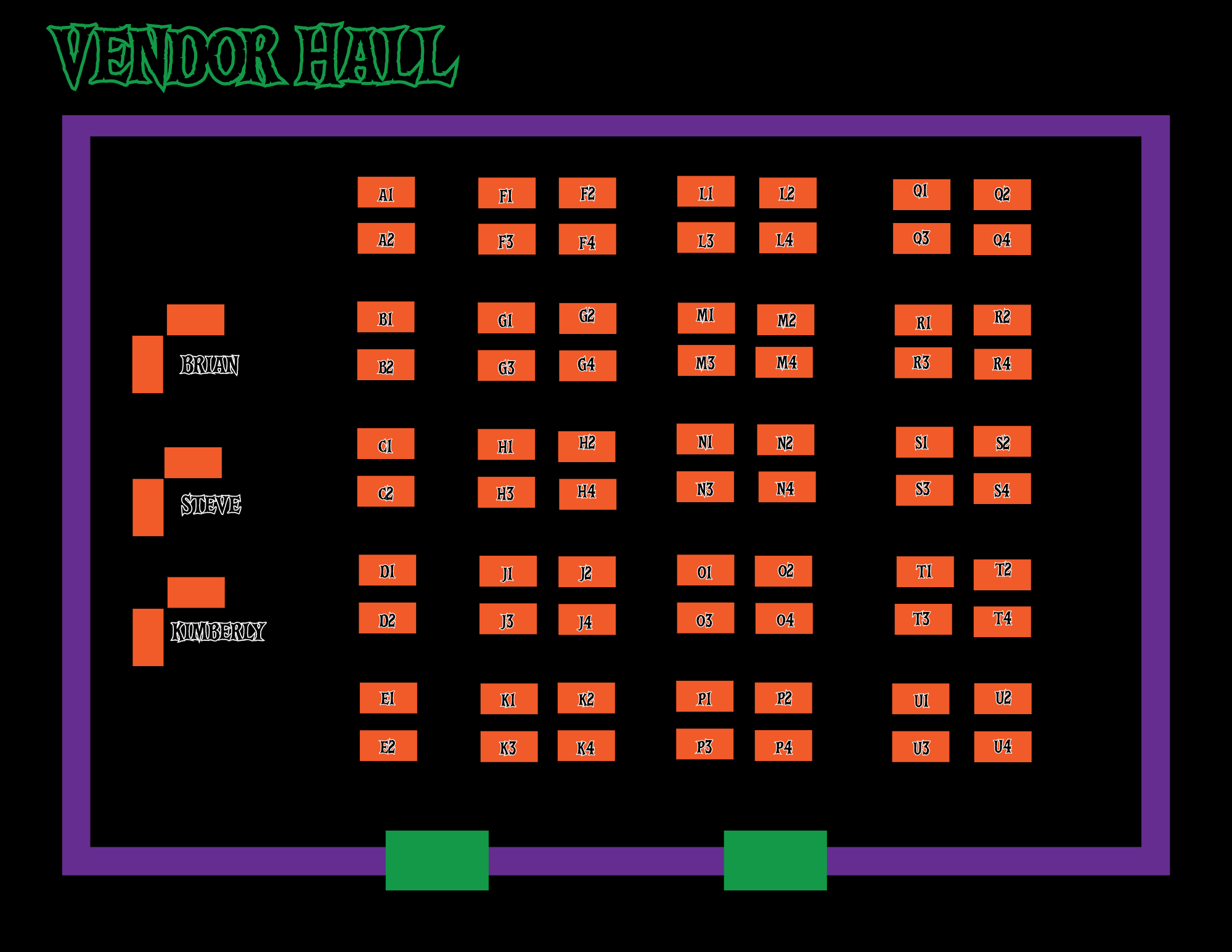 MoTownCon 2026 vendor hall layout with booth labels A1 through U4.